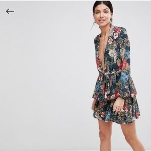 Plunge neck floral ruffle dress